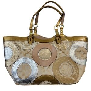 Coach Carly Patchwork Purse Shoulder Bag Metallic Leather Gold F16180 Patent